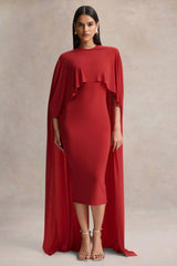 Kalani Red Crew Neck Midi Dress With Cape Sleeves