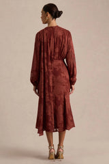 Sabina Rust Devore Plunge Neck Midi Dress