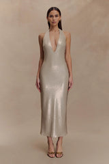 Carnation Sequin Halter Midi Dress Gold