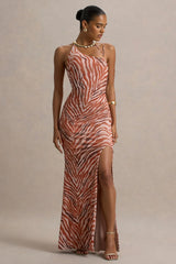 Florica Zebra Print Mesh Asymmetric Maxi Dress With Split