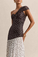 Motira Brown Polka Dot Asymmetric Neck Maxi Dress With Asymmetric Drop Waist