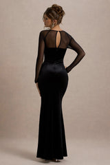 Ashby Black Velvet Embellished Square Neck Split Maxi Dress