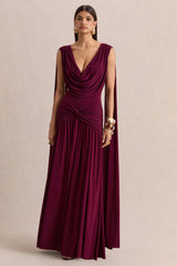 Amelisse Burgundy Plunge Neck Maxi Dress With Ruched Detailing