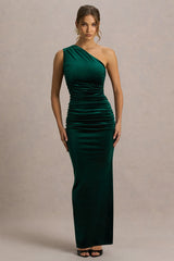 Treat Bottle Green Velvet Asymmetric Neck Maxi Dress With Ruched Detailing