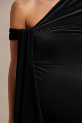 Zena Black Velvet Asymmetric Neck Maternity Midi Dress With Knot And Sash Detail