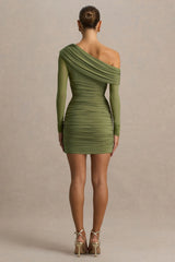 Gina Olive Asymmetric Neck Ruched Mini Dress