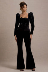 Suzu Black Velvet Puff Sleeve Top With Bows