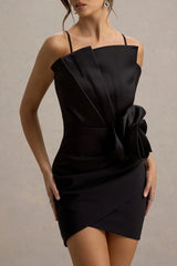 Olivette Black Ruffled Mini Dress With Corsage Detail