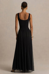 Amelia Black Scoop Neck Maxi Dress With Pleated Skirt