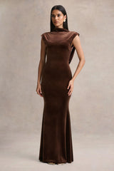 Malora Brown Velvet High Neck Maxi Dress With Open Back