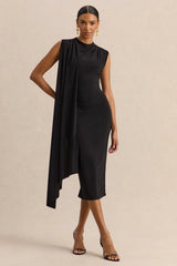 Oleandra Black High Neck Midi Dress With Draped Detail