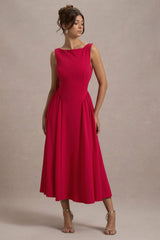 Muriel Red Boat Neck Volume Hem Midi Dress