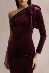 Vespera Burgundy Velvet Asymmetric Neck Midi Dress With Bow Detail