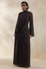 Narella Brown Chiffon High Neck Maxi Dress With Draped Detailing