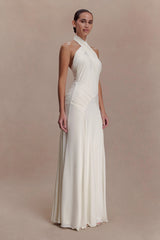 Indira Gathered Slinky Halter Maxi Dress Ivory