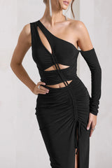 Carlina Black Ruched One Shoulder Cut Out Split Maxi Dress