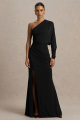 Lola Black Asymmetric Neck Maxi Dress With Ruched Detailing And Front High Split