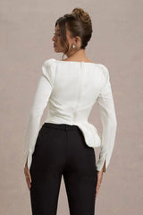 Bensley Ecru Satin Asymmetric Plunge Neck Top With Ruffle
