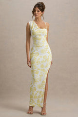 Sitara Lemon Porcelain Print Cowl Neck Maxi Dress With Asymmetric Skirt