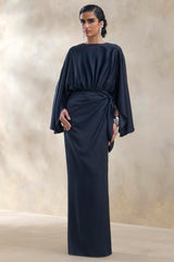 Delphina Navy Satin Maxi Dress With Gathered And Knot Detail