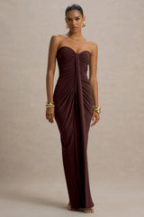 Ali Warm Brown Sweetheart Ruched Wrap Maxi Dress