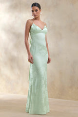 Carelle Green Satin Plunge Neck Maxi Dress With Asymmetric Drop Waist