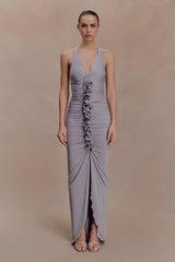 Alessandra Slinky Ruffle Maxi Dress Grey