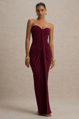 Ali Burgundy Sweetheart Ruched Wrap Maxi Dress