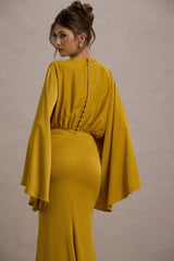 Zuzanna Mustard Draped Maxi Dress With Cape Sleeves