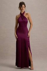 Sansa Burgundy Satin Cross Halter Neck Plisse Maxi Dress