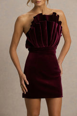 Polly Burgundy Velvet Ruffled Strapless Mini Dress