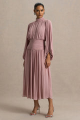 Annabel Dusty Pink High Neck Midi Dress With Drop Waist And Pleated Detailing