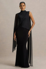 Amour Black High Neck Maxi Dress With Cape Sleeve Detail