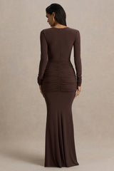 Saffie Chocolate Extreme Plunge Wrap Maxi Dress With Long Sleeves And Ruched Detailing