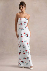 Azra Rose Print Satin Bandeau Maxi Dress