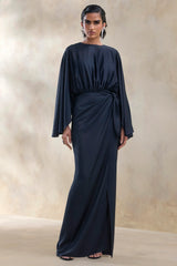 Delphina Navy Satin Maxi Dress With Gathered And Knot Detail