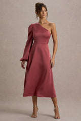 Haila Rose Pink Satin One Shoulder Midi Dress