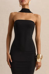 Amariah Black Bandeau Midi Dress With Scarf Detail