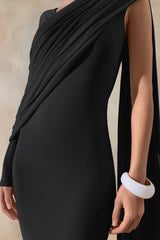 Rubelle Black Asymmetric Neck Maxi Dress With Draped Detailing