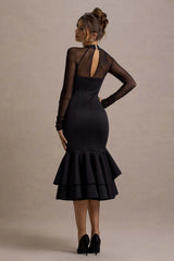 Sander Black Mesh Long Sleeve Ruffle Hem Midi Dress