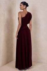 Kelsey Burgundy Asymmetric Neck Maxi Dress With Ruched Detailing