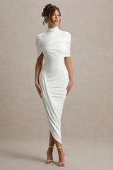 Enchant White Asymmetric Twisted Cape Midi Dress