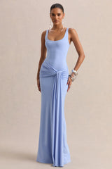 Lienna Powder Blue Scoop Neck Maxi Dress With Gathered Detail And Sash