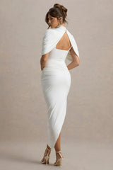 Enchant White Asymmetric Twisted Cape Midi Dress