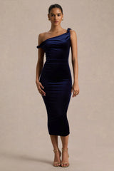 Carella Navy Velvet Twisted Asymmetric Midi Dress