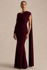 Rubelle Burgundy Asymmetric Neck Maxi Dress With Draped Detailing