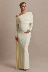Cyra Cream Asymmetric Neck Maternity Maxi Dress With Sash