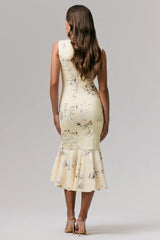 Priceless Lemon Print Crew Neck Fishtail Midi Dress