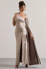 Gala Taupe Satin One Shoulder Cape Sleeve Split Maxi Dress