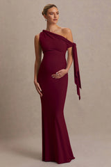 Orielle Burgundy Asymmetric Neck Maternity Maxi Dress With Knot Sleeve And Sash